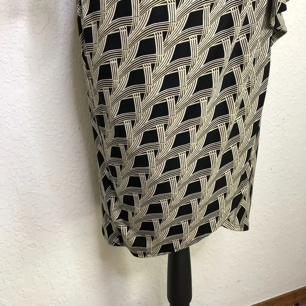 WHBM cream black art deco geometric faux wrap midi dress size 6